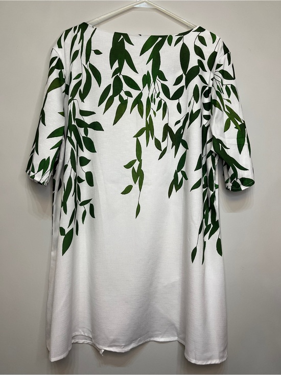Handmade Tops - Summer White Tunic Top with Green Leaf Print